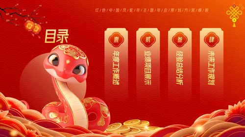 红色中国风蛇年年终总结汇报PPT