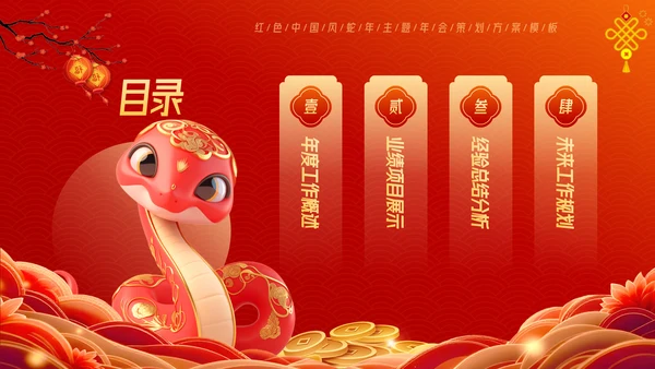 红色中国风蛇年年终总结汇报PPT