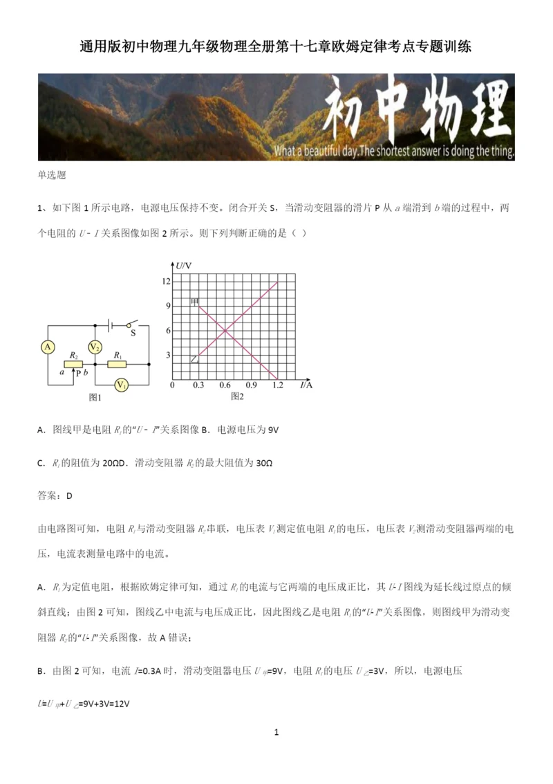 通用版初中物理九年级物理全册第十七章欧姆定律考点专题训练.docx