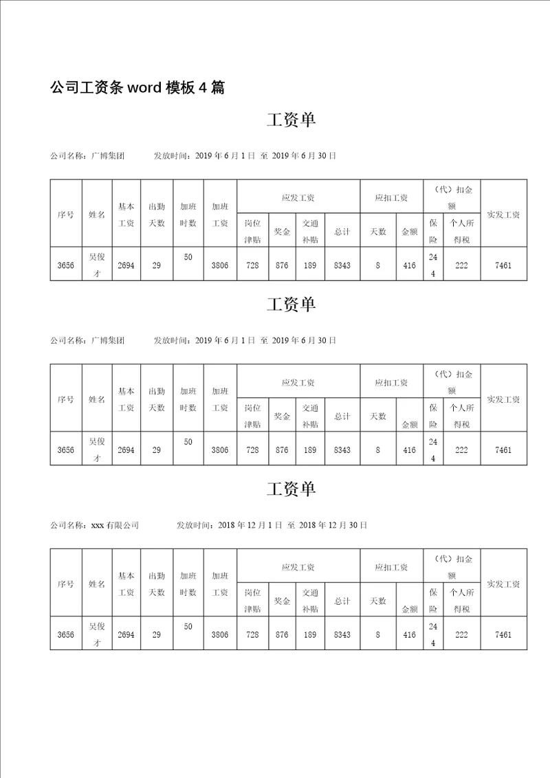 公司工资条word模板4篇