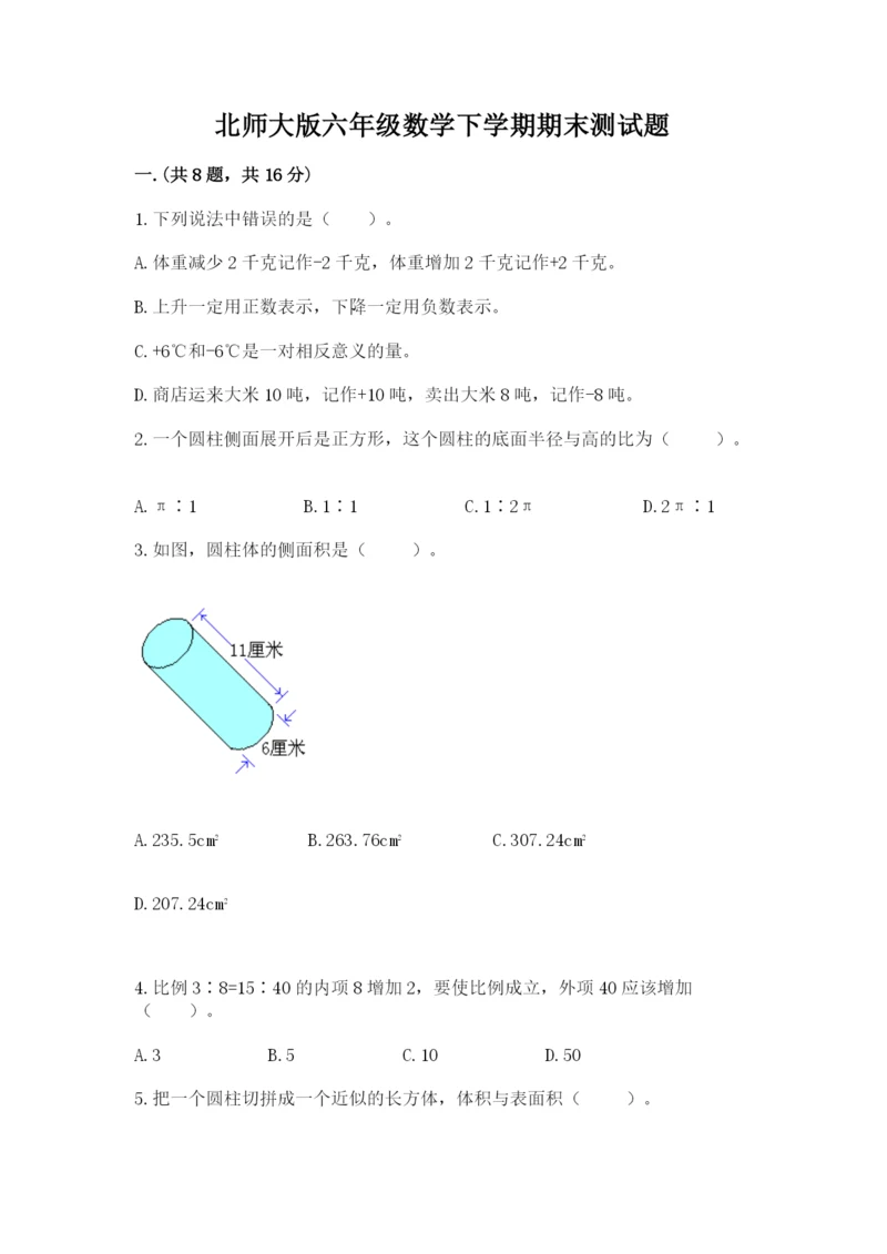 北师大版六年级数学下学期期末测试题及答案【典优】.docx