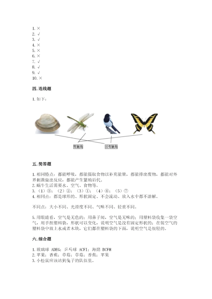 教科版一年级下册科学期末测试卷【中心小学】.docx