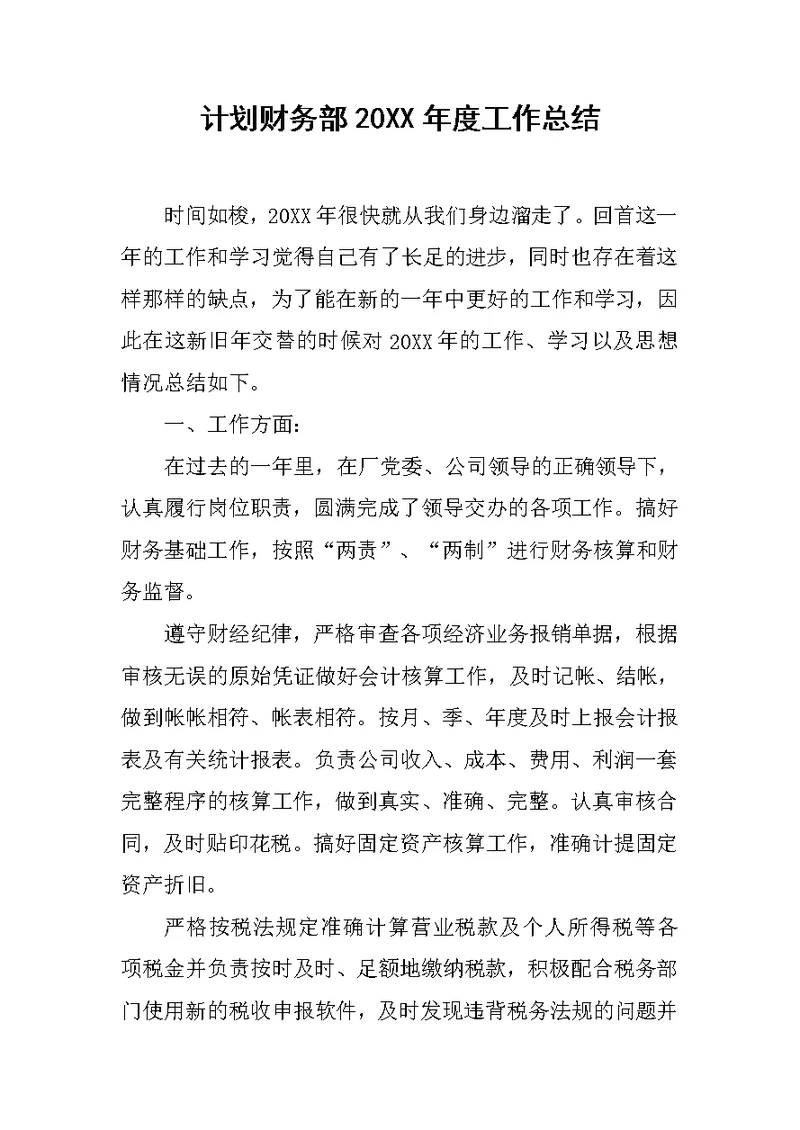 计划财务部20XX年度工作总结