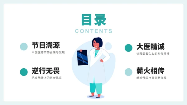 绿色扁平卡通插画风医护人员中国医师节科普PPT模板