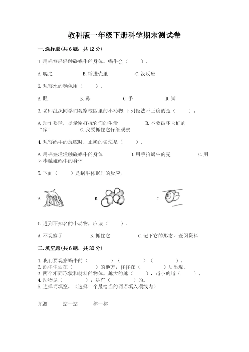 教科版一年级下册科学期末测试卷【能力提升】.docx