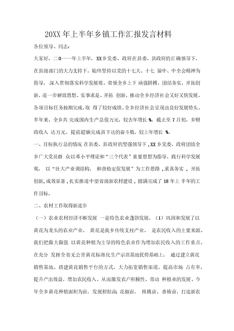 2019年上半年乡镇工作汇报发言材料