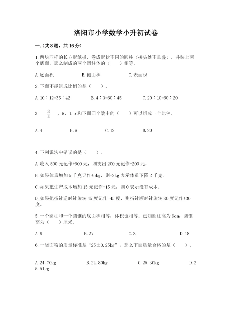 洛阳市小学数学小升初试卷附答案（轻巧夺冠）.docx