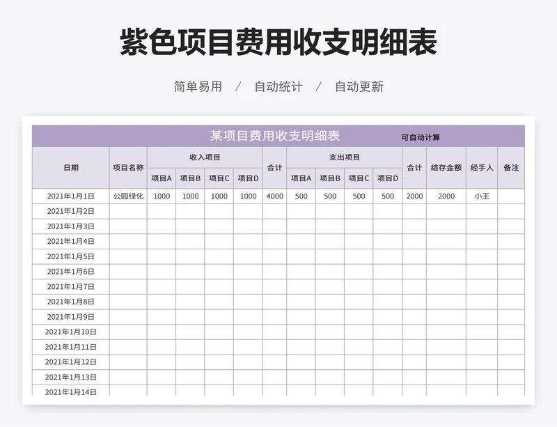 紫色项目费用收支明细表