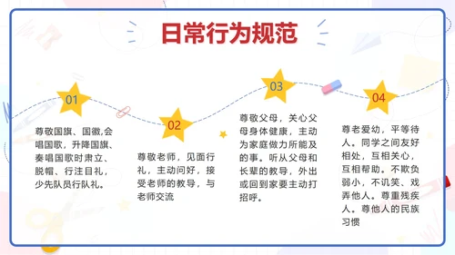 蓝色卡通文具小学生行为规范教育带内容PPT模板