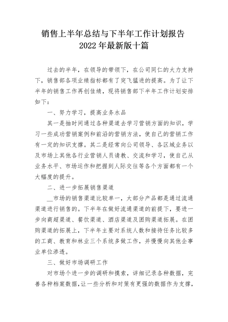 销售上半年总结与下半年工作计划报告2022年最新版十篇.docx