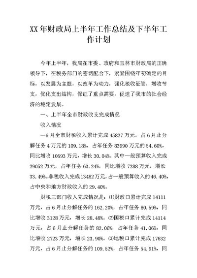 XX年财政局上半年工作总结及下半年工作计划