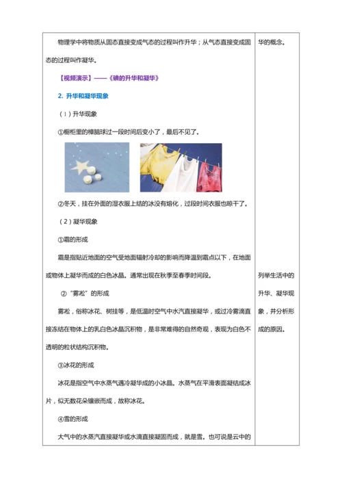 3.4 升华和凝华（教学设计）【2024人教新版八上物理高效完全备课】（表格式）