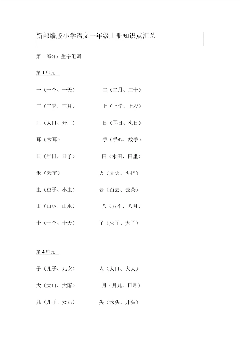 新部编版小学语文一年级上册知识点汇总大全