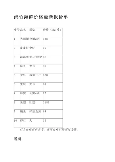 绵竹海鲜价格最新报价单