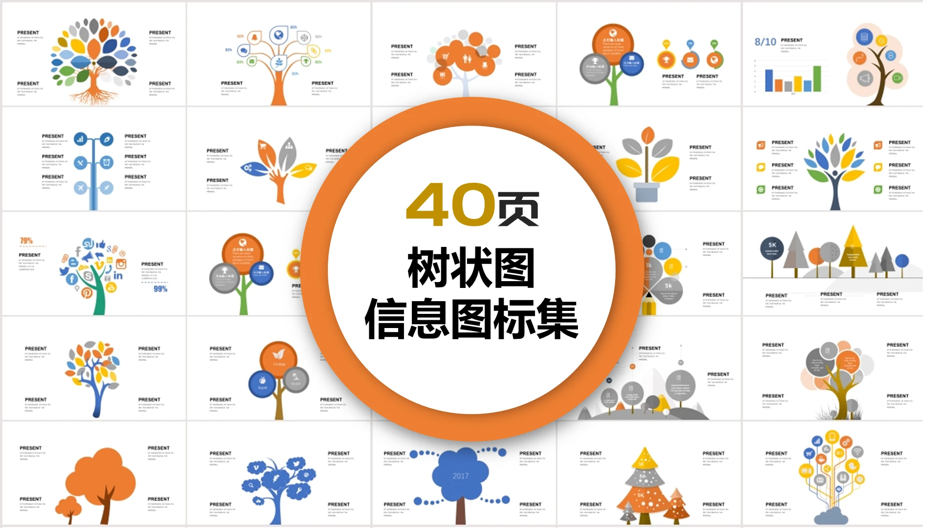 彩色树状图可视化图表集PPT模板树状图ppt