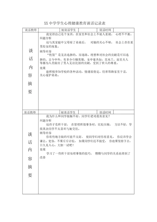 学生心理健康教育谈话记录表