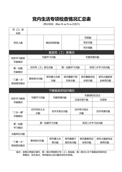 简约黑色党内生活专项检查情况汇总表