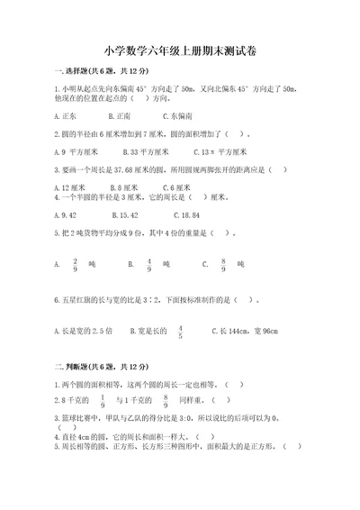 小学数学六年级上册期末测试卷（重点班）