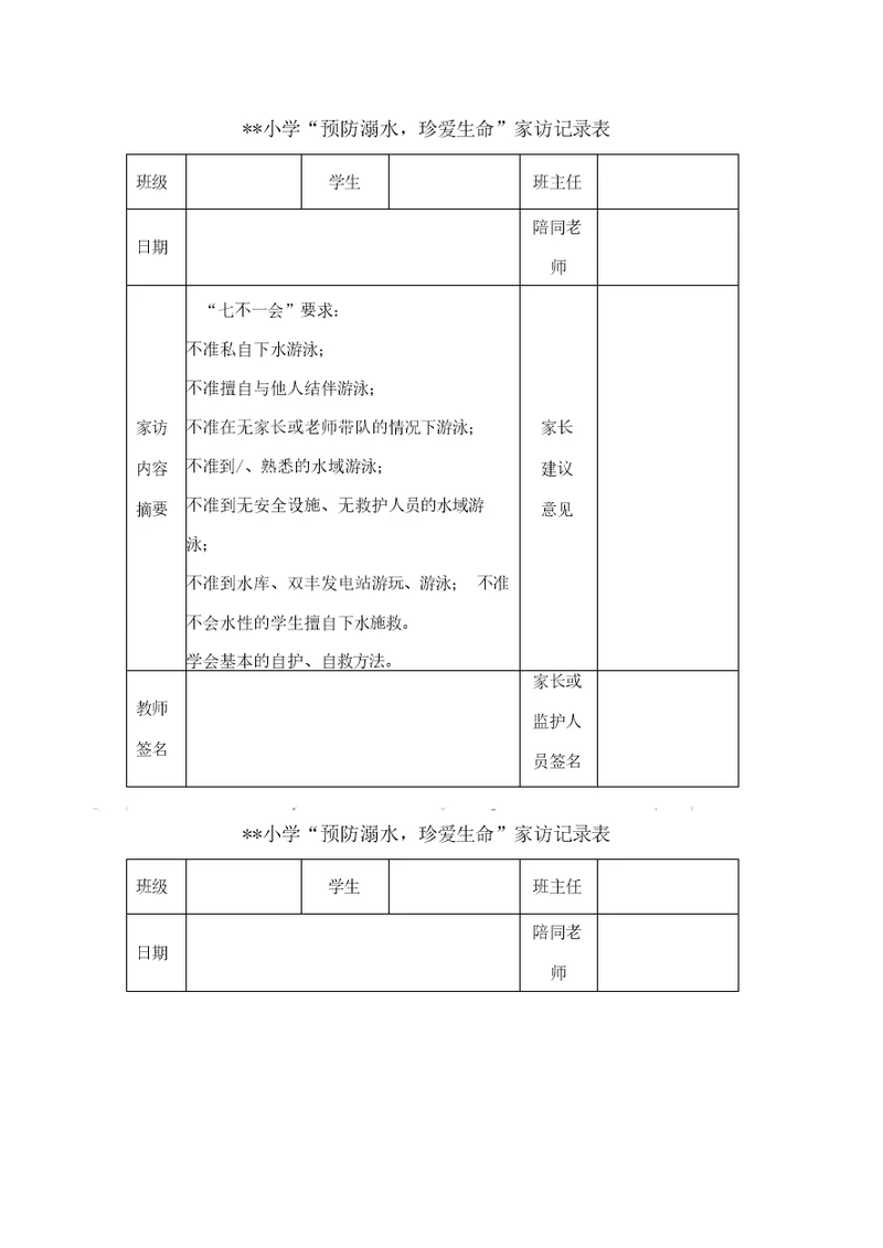 2018年小学防溺水家访记录表