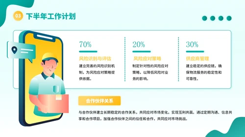 黄绿色插画风物流企业员工年中总结PPT模板