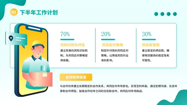 黄绿色插画风物流企业员工年中总结PPT模板