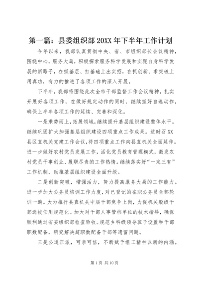 第一篇：县委组织部20XX年下半年工作计划.docx