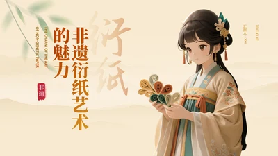 黄色国风非遗衍纸艺术的魅力PPT模板