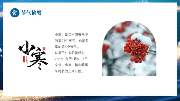 蓝色鎏金风中国二十四传统节气之小寒介绍PPT
