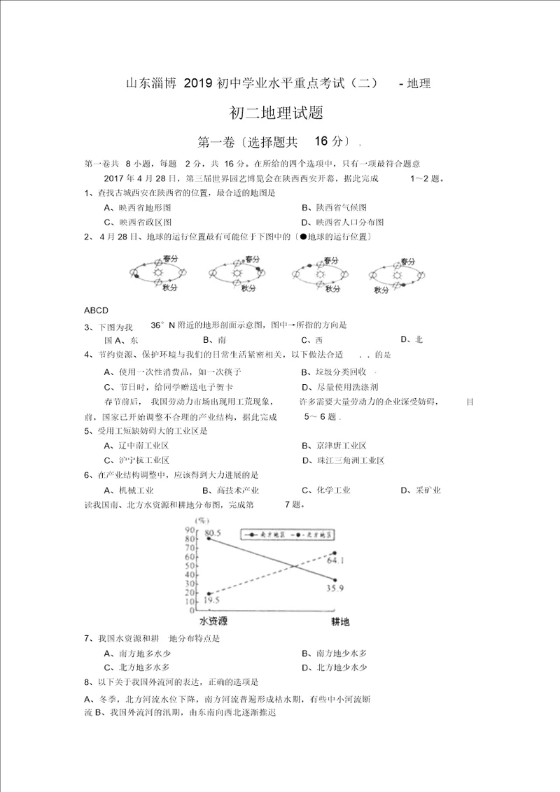 山东淄博初中学业水平重点考试二地理