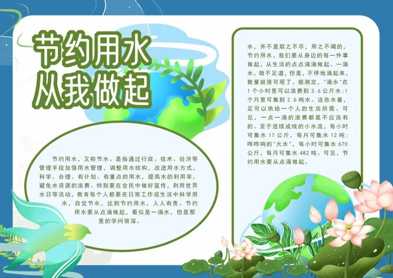 蓝色中式荷花节约用水手抄报word模板