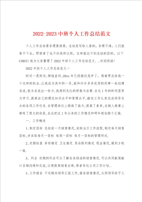 20222023中班个人工作总结范文