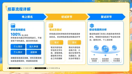 蓝黄色插画风学生会招新PPT模板