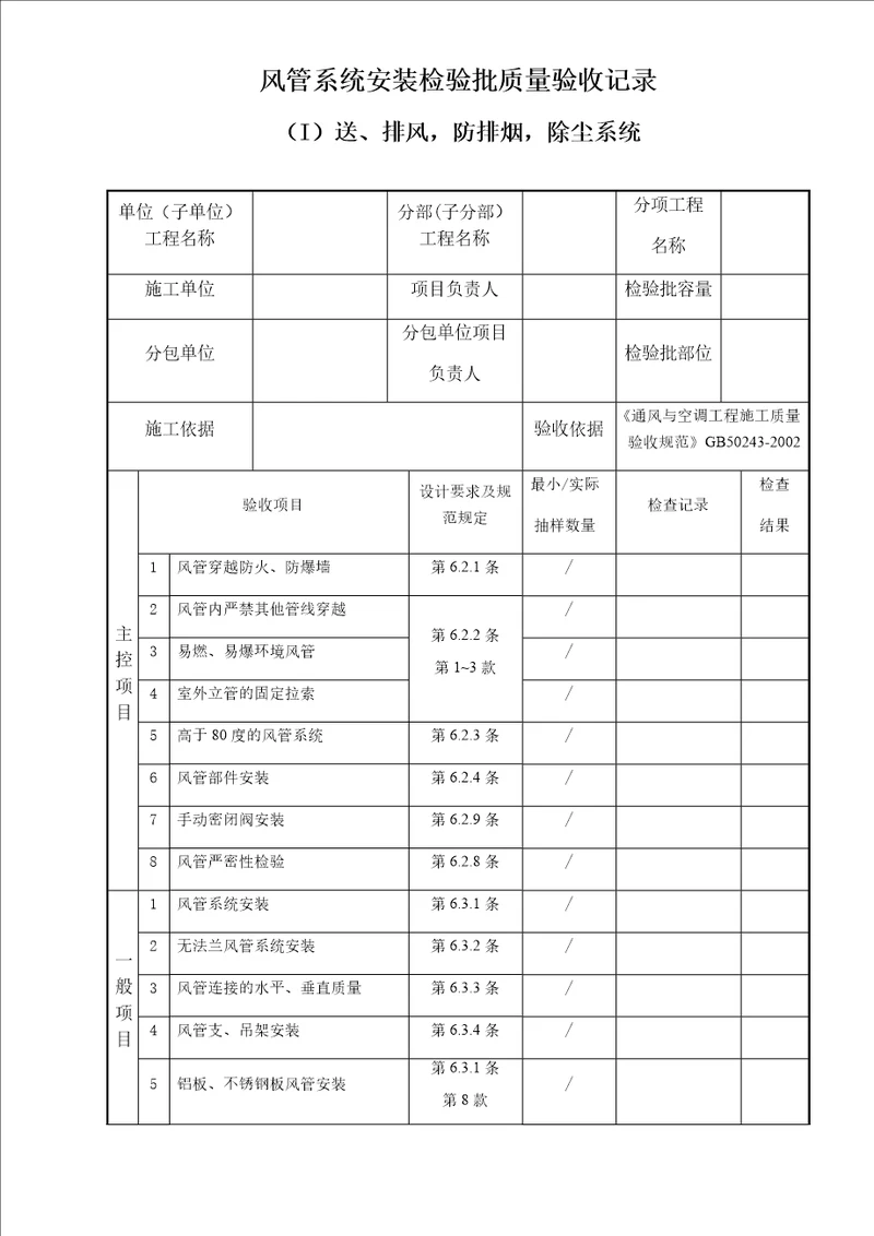 鲁TK061风管系统安装检验批质量验收记录I送、排风、防排烟、除尘系统