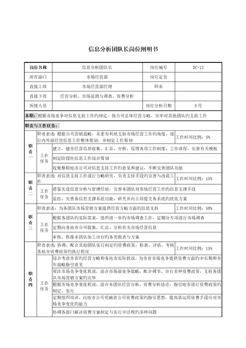 通信行业市场经营部信息分析团队长岗位专项说明书