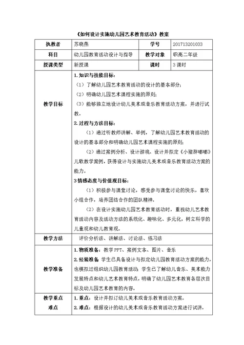 《如何设计方案实施幼儿园艺术教育活动》教案