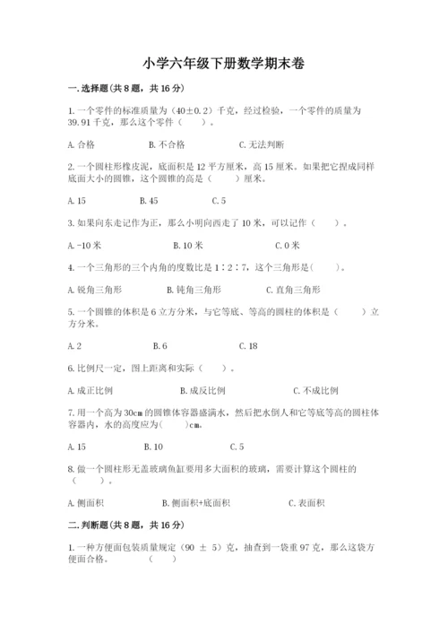 小学六年级下册数学期末卷含完整答案（历年真题）.docx