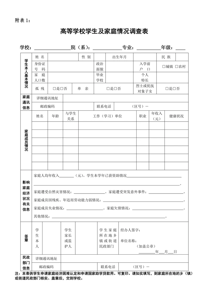 贫困生申请表格