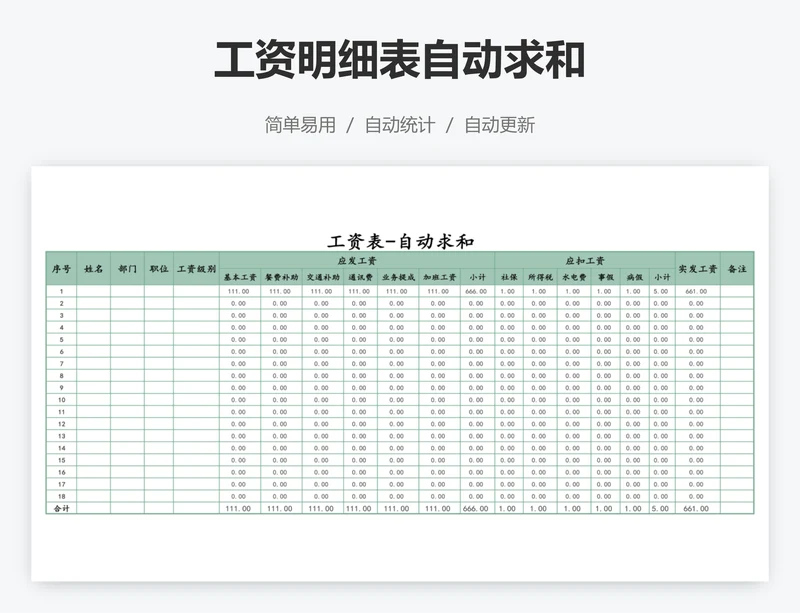 工资明细表自动求和