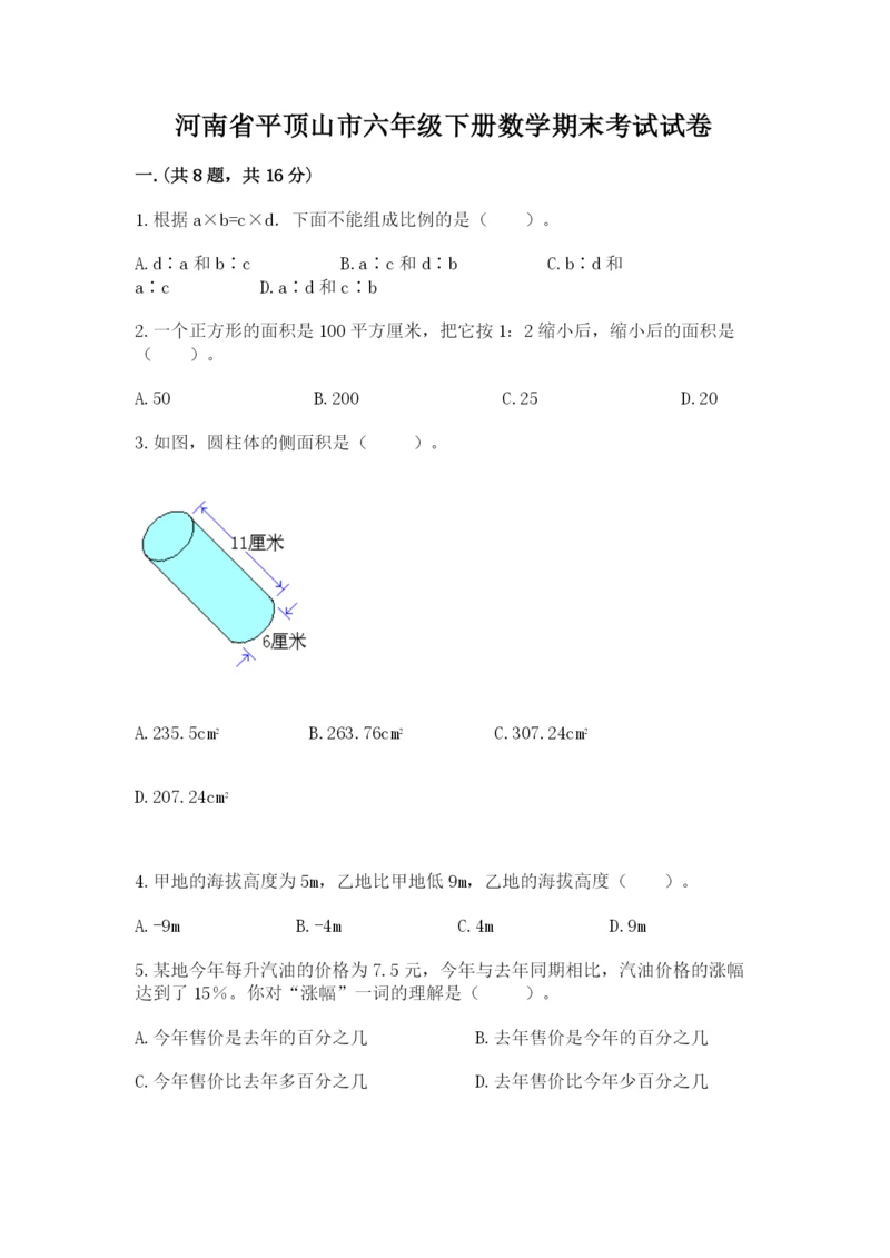 河南省平顶山市六年级下册数学期末考试试卷（网校专用）.docx