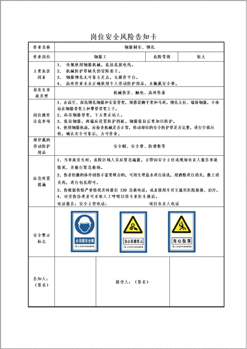 建筑施工项目部主要岗位安全风险告知书参考模板范本