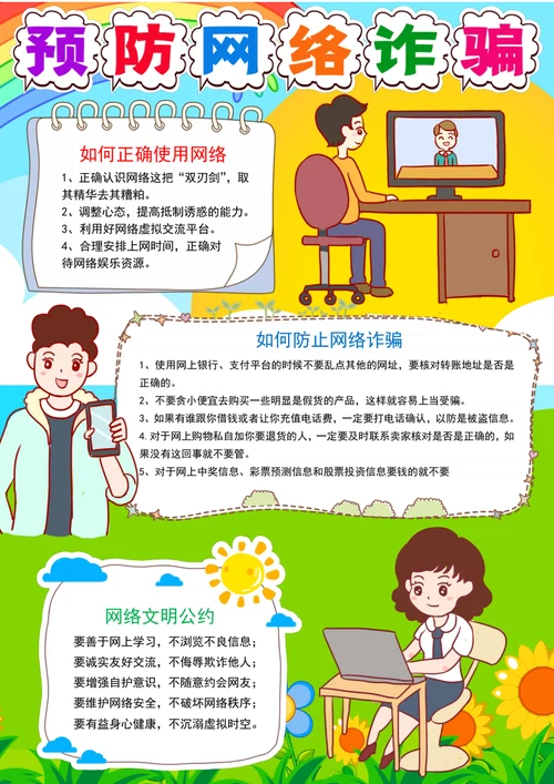 竖版预防网络诈骗手抄报网络安全电子小报模板