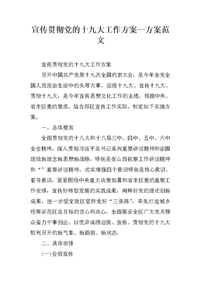 宣传贯彻党的十九大工作方案—方案范文