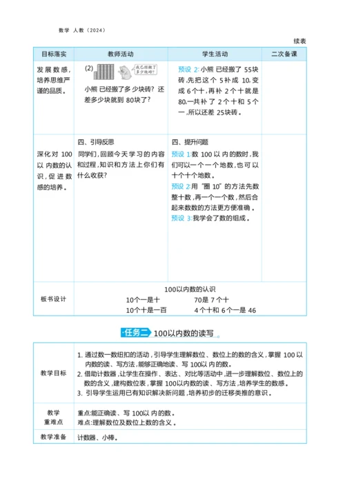 第三单元100以内数的认识（大单元教学设计）-2024-2025学年一年级下册数学人教版（2024）