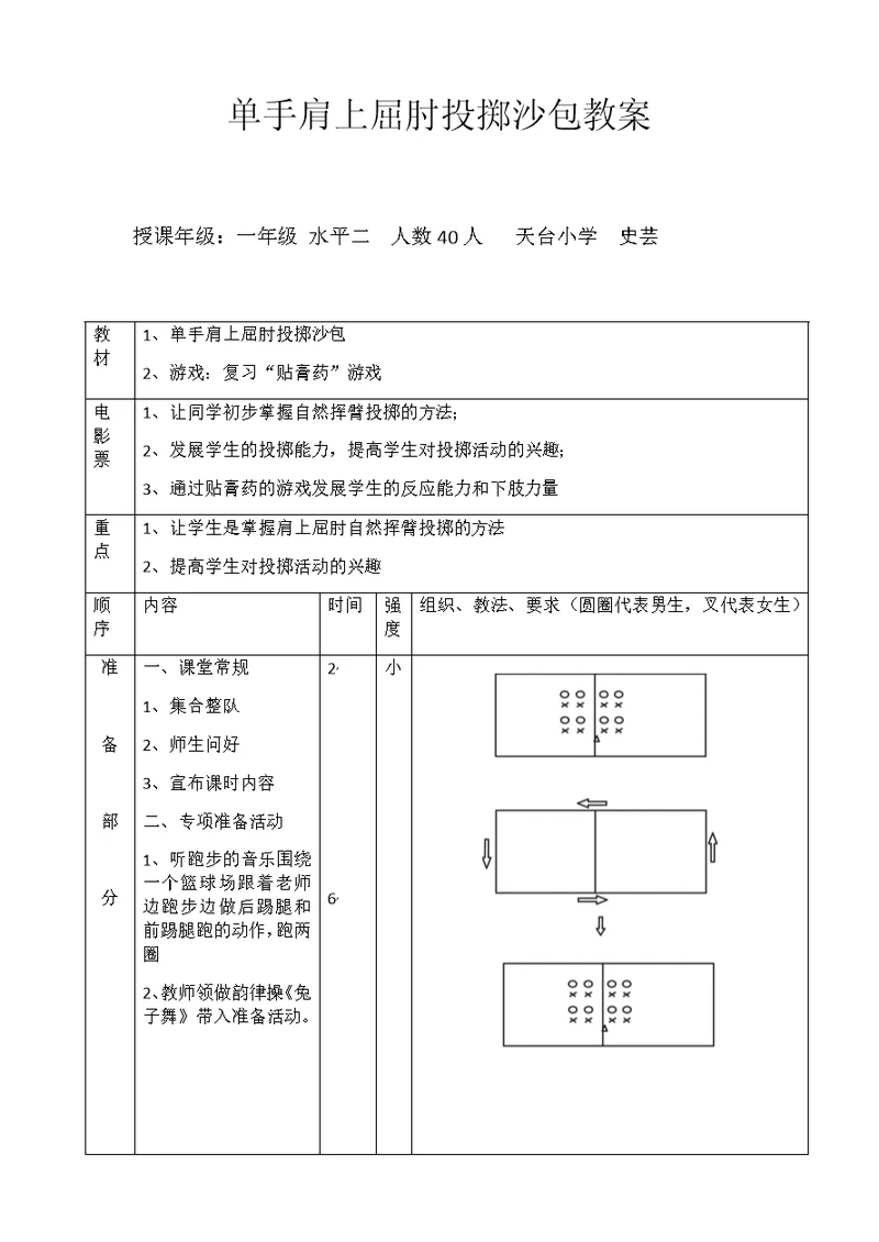 单手肩上屈肘投掷沙包教案
