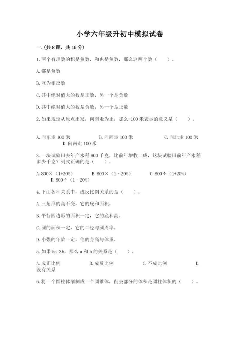 小学六年级升初中模拟试卷【名师系列】.docx