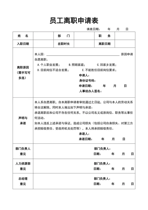 员工离职申请表