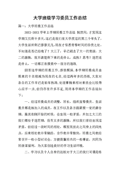 大学班级学习委员工作总结