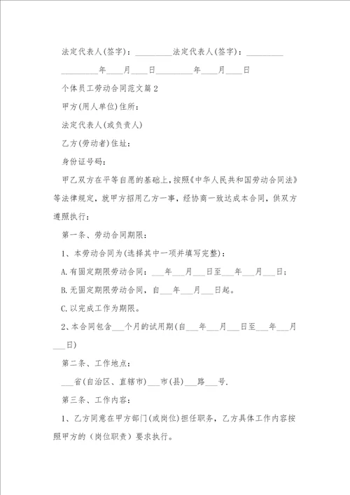 个体员工劳动合同范文1