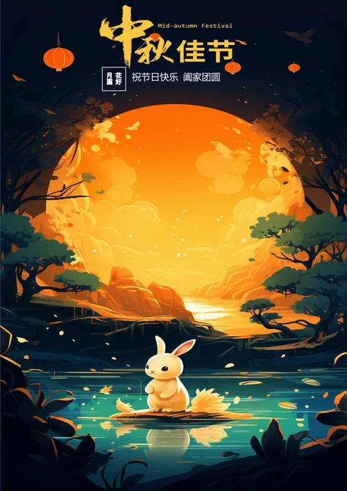中秋节玉兔圆月中国风插画海报