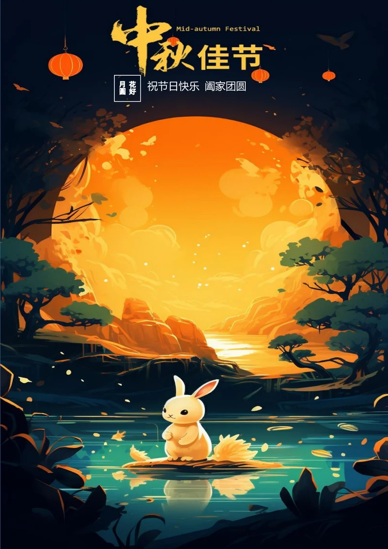 中秋节玉兔圆月中国风插画海报